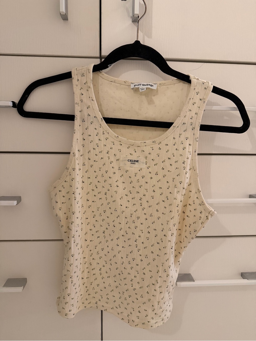 Designer Inspired Cream Tank Top with Tiny Green Floral Print